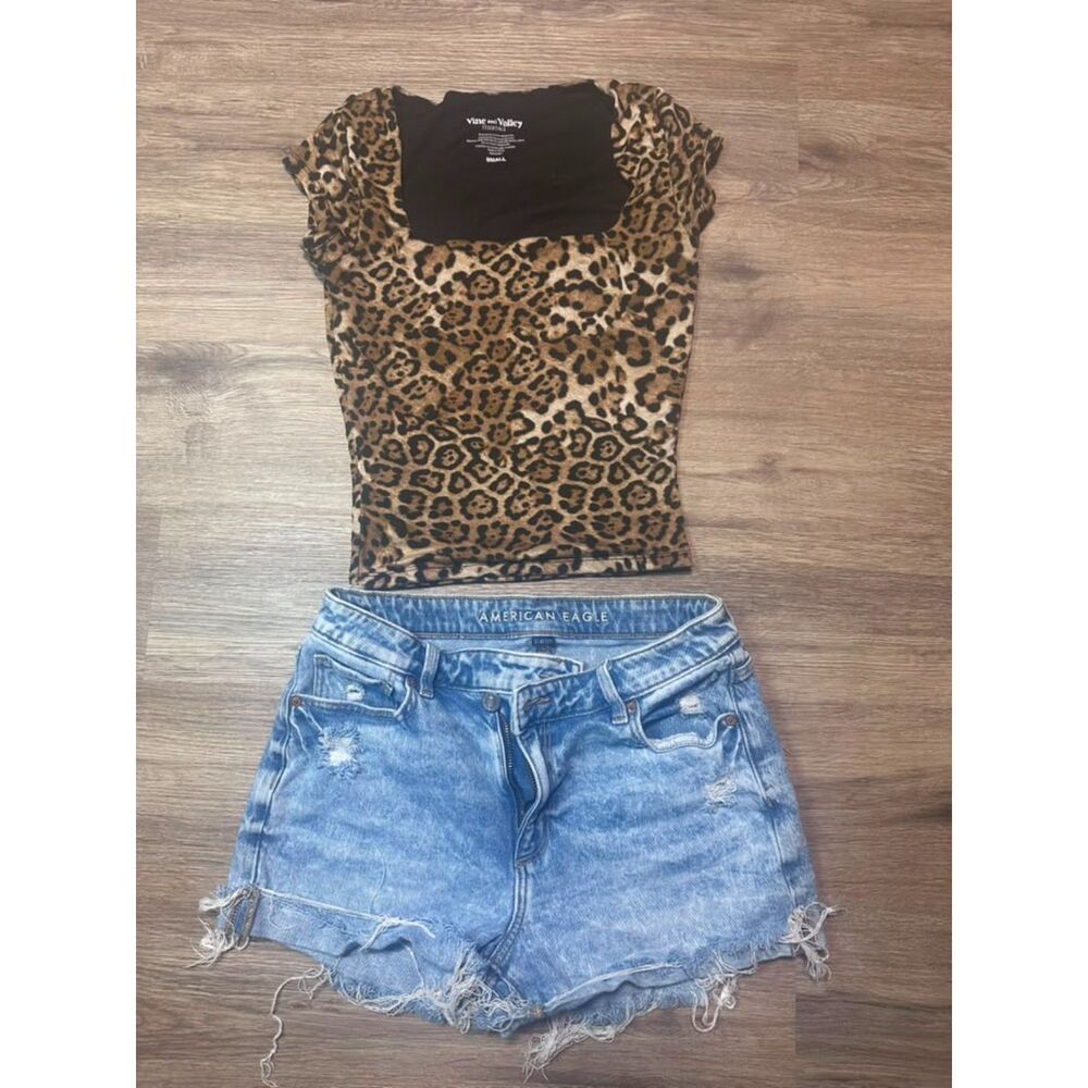 American Egale plus Leopard Print Short Sleeve Top Brown Black Size Small